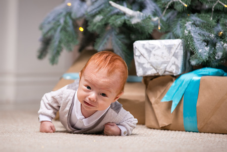 Cute baby boy under Christmas tree at homeの写真素材