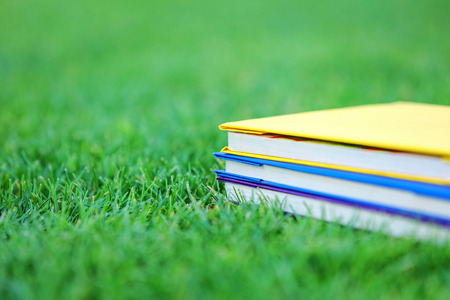 Stack of three books on green grass in parkの写真素材