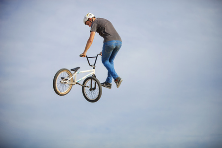 Extreme rider making a bike jump during the BMX Competitionのeditorial素材