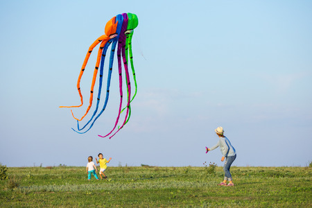 Mother and two sons flying kite together on green fieldの写真素材