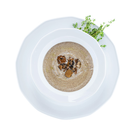 Mushroom soup with black truffle, view from above. With clipping path.の写真素材