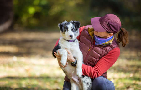 Caucasian woman with merle border collie puppy in autumn parkの写真素材