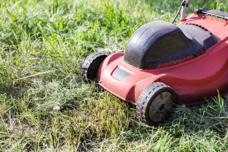 Lawn mower on green grass in the garden on a sunny day