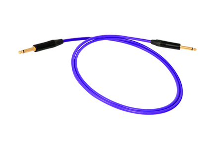 Guitar audio jack with blue cable isolated on white background