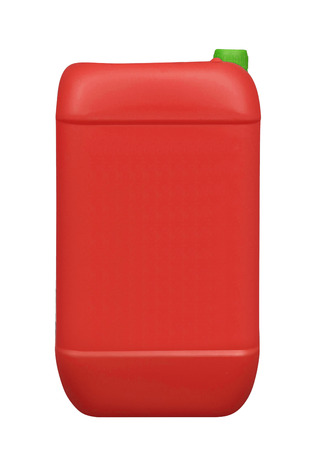 Red plastic gallon, jerry can isolated on a white backgroundの写真素材