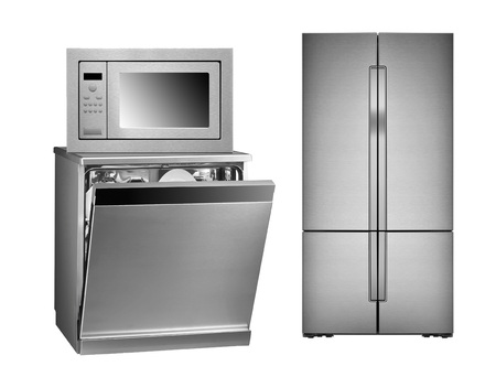 refrigerator, oven and dishwasher isolated on white backgroundの写真素材