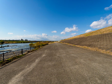 Scenery of the Yamato River riverbed with a blue skyの写真素材
