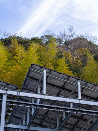 Photovoltaic power generation equipment seen from belowの写真素材
