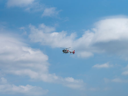 Doctor helicopter flying in the skyの写真素材