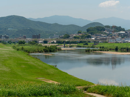 Scenery of Yamato River Riverside Green Park in midsummerの写真素材