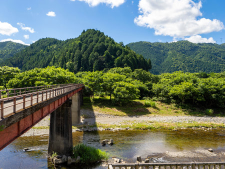 The Yura River and Chojo Bridge that run through Miyama Townの写真素材