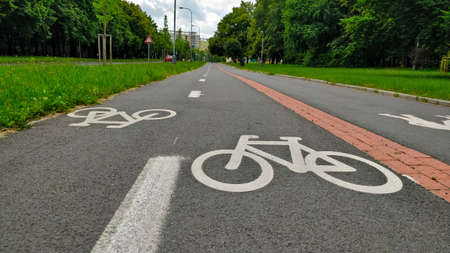 Detail view of sidewalk combined with cycleway marked with bicycle symbol going around the park on the right side. There is grass between the sidewalk and the road.の写真素材