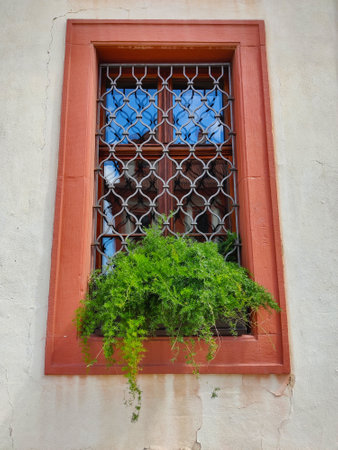 Prague, Czech Republic - July 5, 2021: Window of traditional renaissance style castle with green...