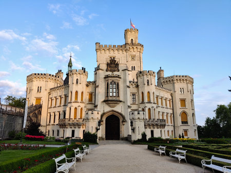 Hluboka nad Vltavou, Czech Republic - July 18, 2021: State romanticism castle in South Bohemian region during summer evening.のeditorial素材