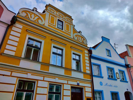 Trebon, Czech Republic - July 20, 2021: Traditional colorful medieval municipal houses in old small town's city center.のeditorial素材