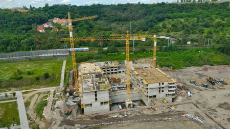 Prague, Czech Republic - August 7, 2021: New apartment building construction site seeing from the...