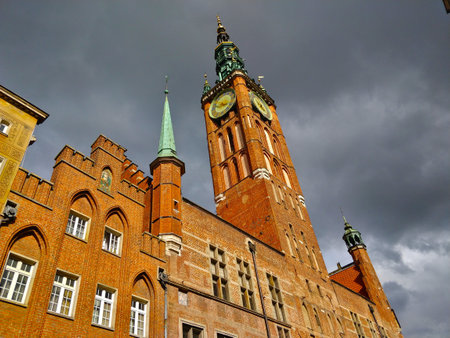 Gdansk, Poland - August 26, 2021: Old historical town hall with tall bell tower. The whole...