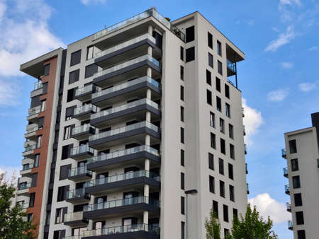 Prague, Czech Republic - September 12, 2021: Tall modern apartment building just after being...