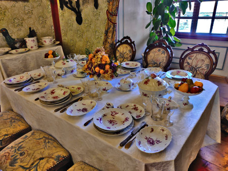 Cesky Krumlov, Czech Republic - September 4, 2021: Serving of the dinner table in the nobles room.のeditorial素材