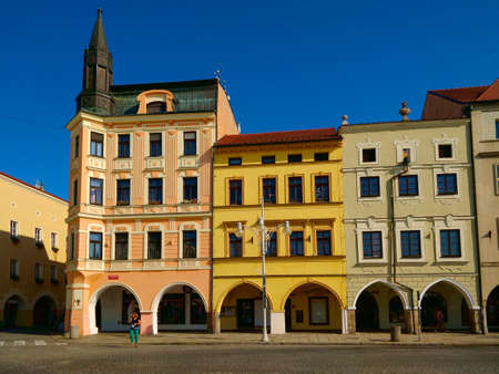 Ceske Budejovice, Czech Republic - September 5, 2021: Three recontructed medieval houses in main square of Ceske Budejovice during beautiful summer day.のeditorial素材