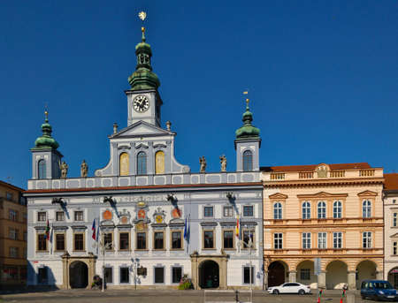 Ceske Budejovice, Czech Republic - September 5, 2021: Blue town hall in the main square of Ceske Budejovice historical city center during beautiful summer day.のeditorial素材