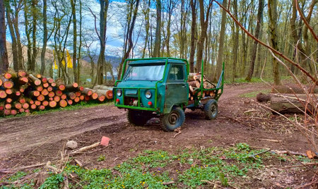 An old green car packed with wood parked in the forest next to the big pile of timber.のeditorial素材