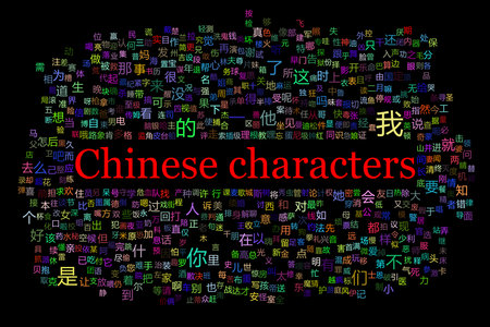 Cluster of the most used Chinese characters with a randomly assigned colors. The big red title is in the middle. The background is black.の写真素材