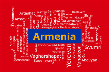 Tagcloud of the most populous cities in Armenia. The background is in the national Armen colors which includes red, yellow, and blue. There are cities like Yerevan, Gyumri, and Vanの写真素材