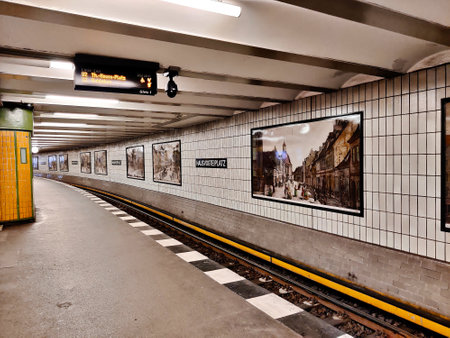 Berlin, Germany - July 4, 2022: Platform of an old Berlin metro station and historical photos of the surrounded area.のeditorial素材