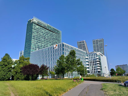 Prague, Czech Republic - June 18, 2023: Majestic high-rise towers of Pankrac district business...