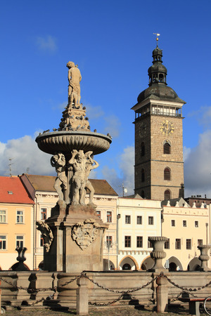 Public fountain in square. Ceske Budejovice, Czech Republicの写真素材
