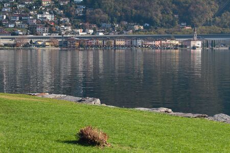 Town on lake. Melide, Switzerlandの写真素材