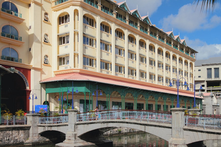 Hotel, pedestrian bridge, channel. Port Louis, Mauritiusのeditorial素材