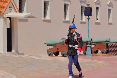 Monte Carlo, Monaco - Apr 19, 2019: Guard guard at walls of the princely palace