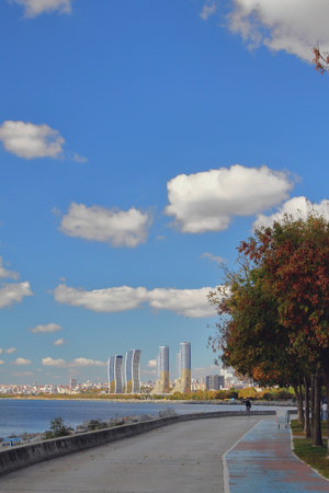 Embankment along sea overlooking modern multi-storey buildings. Pendik Kartal, Istanbul, Turkeyの写真素材