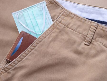 Protective face mask and money clip in pocket brown long pants. Every time leaving the house must be...