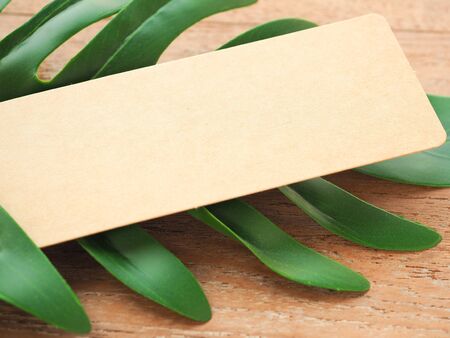 Blank brown paper decorated with green leaves for inserting text on a wooden background. Copy space.の写真素材