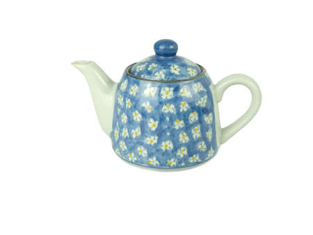 Light blue teapot with white flower pattern isolated on a white background. Asian food concept, space for text.の写真素材