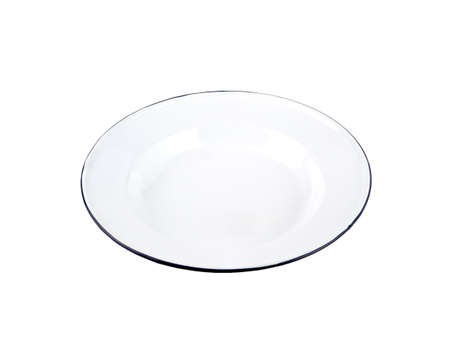 Front view empty white round dish with blue edge isolated on a white background. Use for home or restaurant, food design. Kitchen accessory.の写真素材