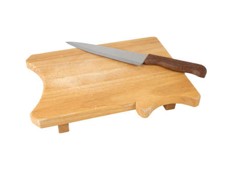 Cutting wooden board and knife isolated on a white background. Use for home or restaurant, food design. Kitchen accessory.の写真素材