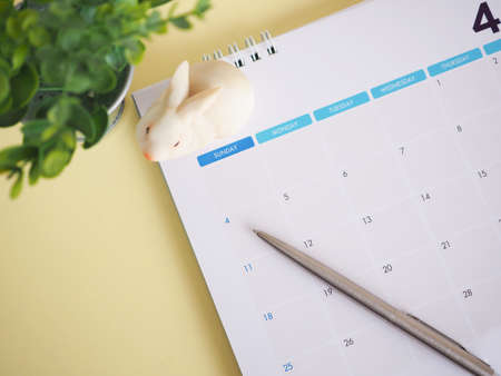 Pen point to the 4th day a calendar page, decorated with rabbits and trees on yellow background.の写真素材