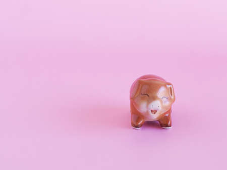 Brown ceramic piggy on pink color background. Space for your text, Saving money, investment, business concept.の写真素材