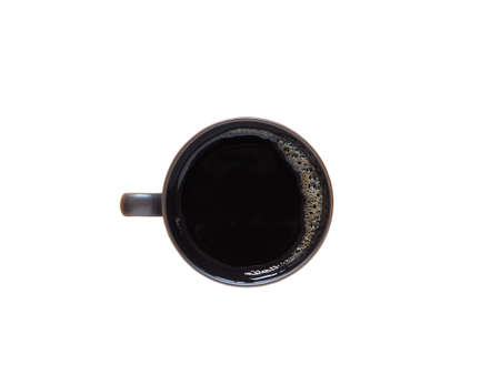 Top view, Hot black coffee in a brown cup on a white background . Space for your text.の写真素材