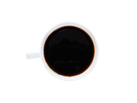 Top view, Hot black coffee in a white cup isolated on a white background . Space for your text.の写真素材