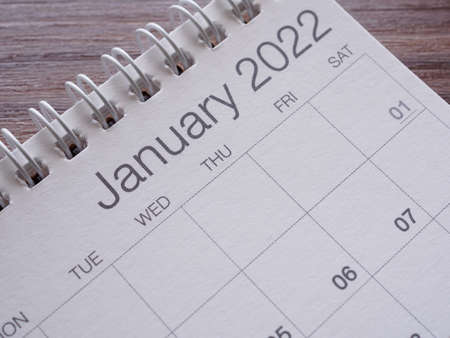 Close up, January calendar 2022 page on wooden table.の写真素材