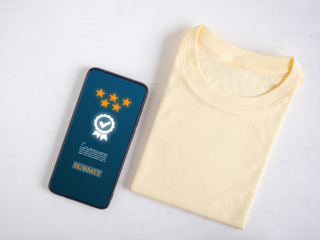 The top view of the smartphone shows a five-star rating screen. product review yellow t-shirt on white wooden background. Experiences, Feedback, and Satisfaction survey concept.の写真素材