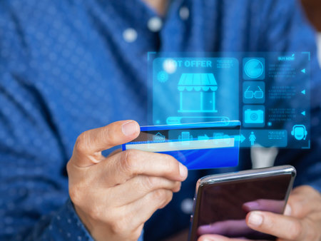 Smartphone payment with digital wallet application. user paying and shopping with a mobile phone application. Digital money transfer, banking, and e-commerce concept.の写真素材