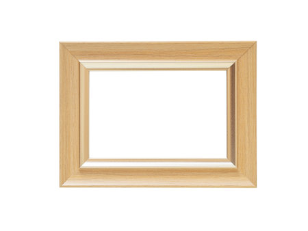 Beige wooden frame on white background, isolated rectangular frame for art, text and decorativeの写真素材