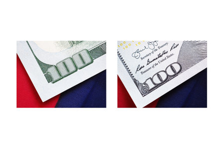 The collage of American one hundred dollar bill back and front side on USA flag background. Close up, selective focus.の写真素材