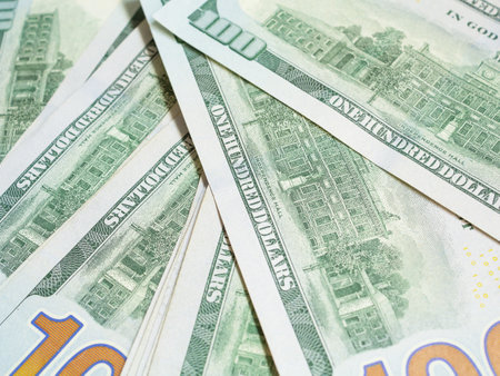 Close up, back side number 100 of American one hundred dollar bill background. Close up, selective focus.の写真素材